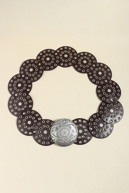 Vintage PU Leather Wide Belt Silver Coffee One Size - Fashorio
