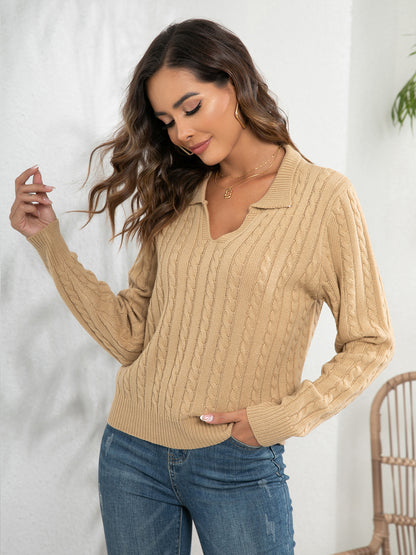 Johnny Collar Cable-Knit Long Sleeve Sweater - Fashorio