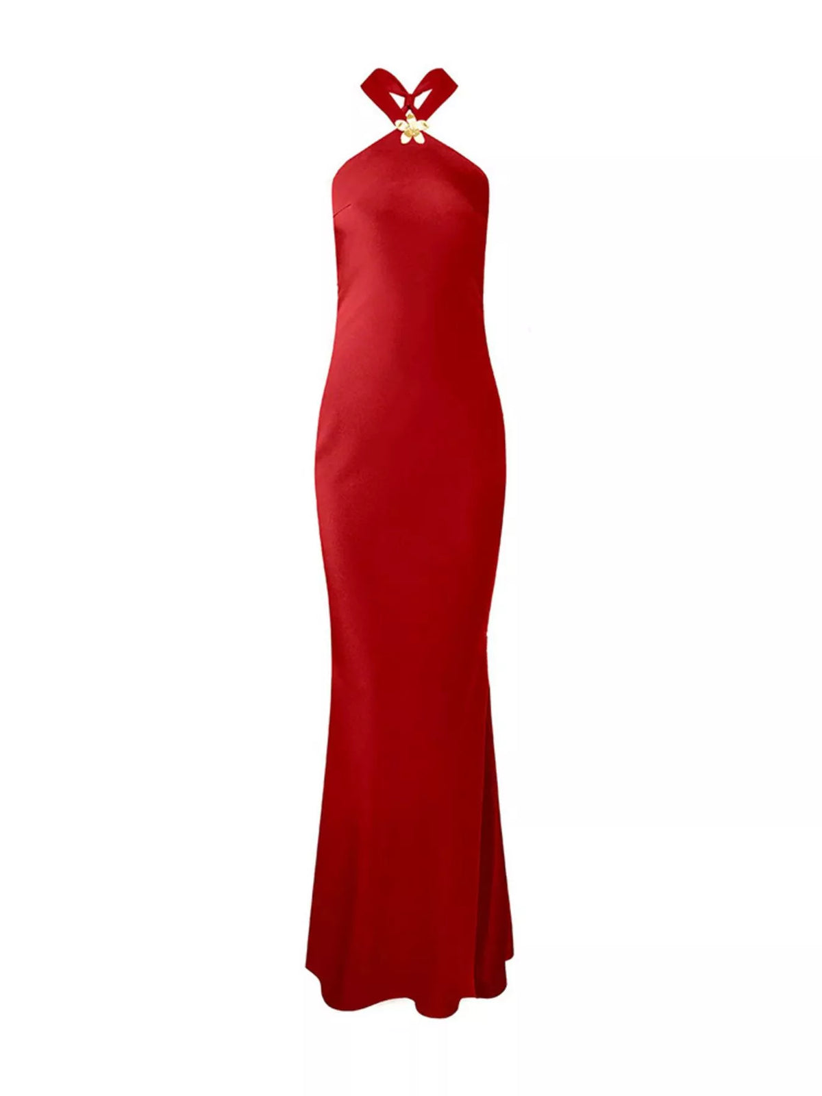 Satin halter maxi dress shown from the shoulder up