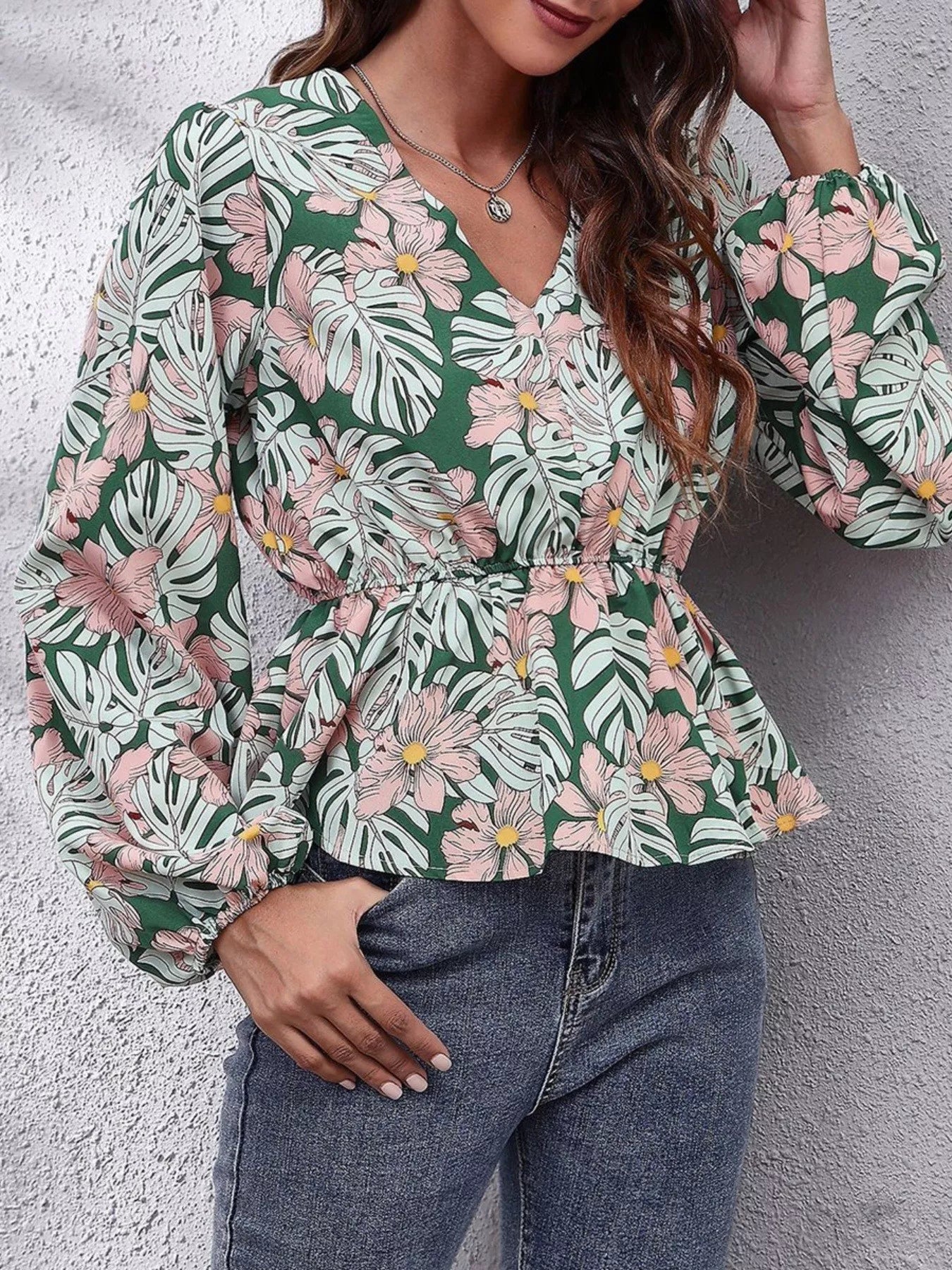 Floral V-Neck Balloon Sleeve Blouse - Fashorio