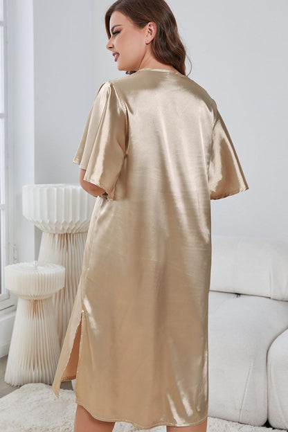 Plus Size Flutter Sleeve V-Neck Side Slit Night Gown - Fashorio