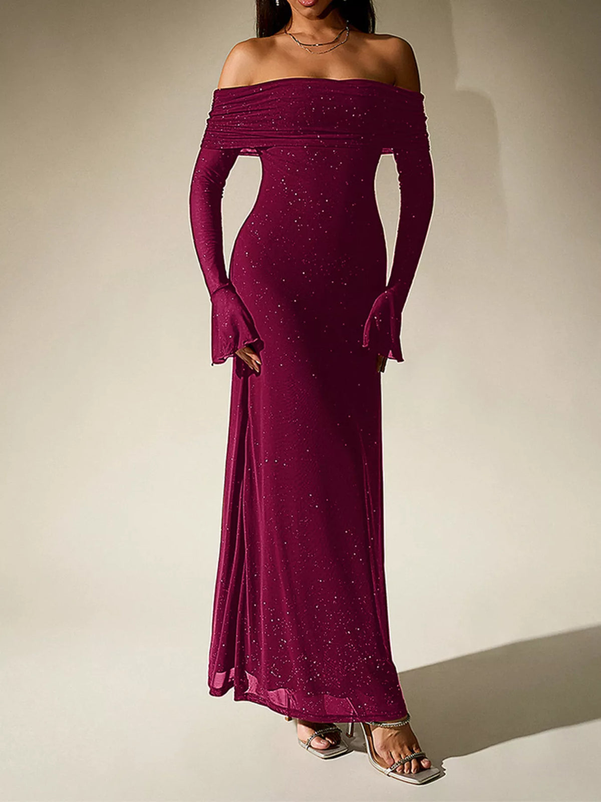 glitter off shoulder maxi dress detail view 21
