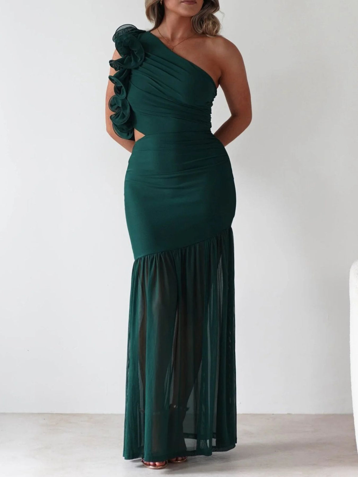one shoulder ruffle trim maxi dress waist detail