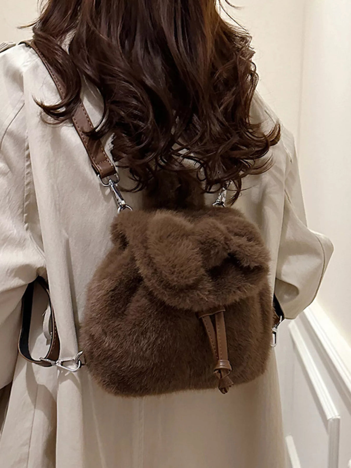 Plush drawstring backpack back panel