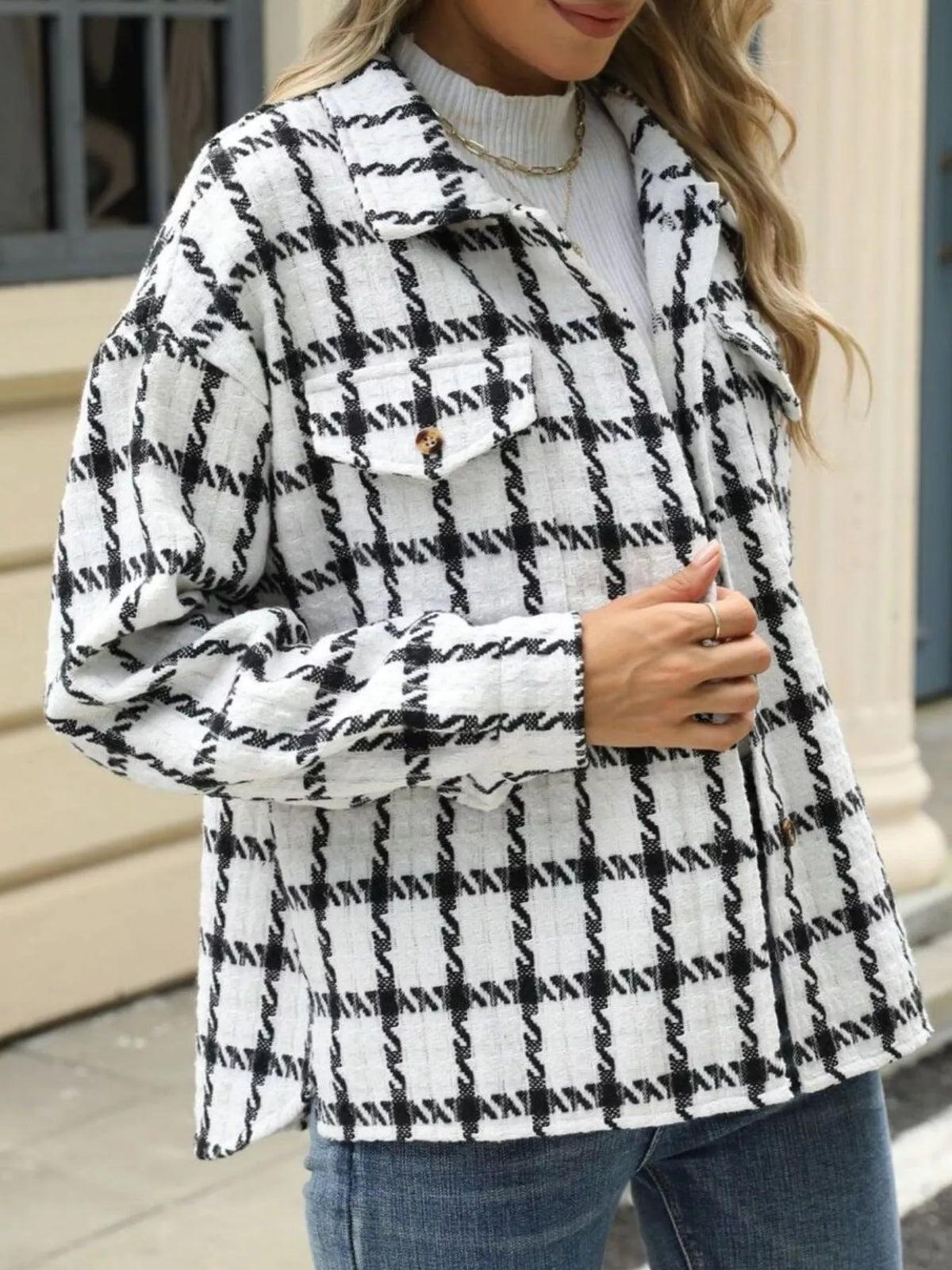 Plaid Button Up Jacket in White and Red side view