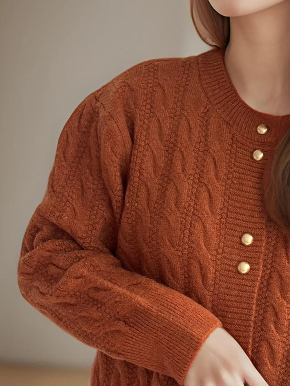 Cable-Knit Round Neck Long Sleeve Cardigan - Fashorio