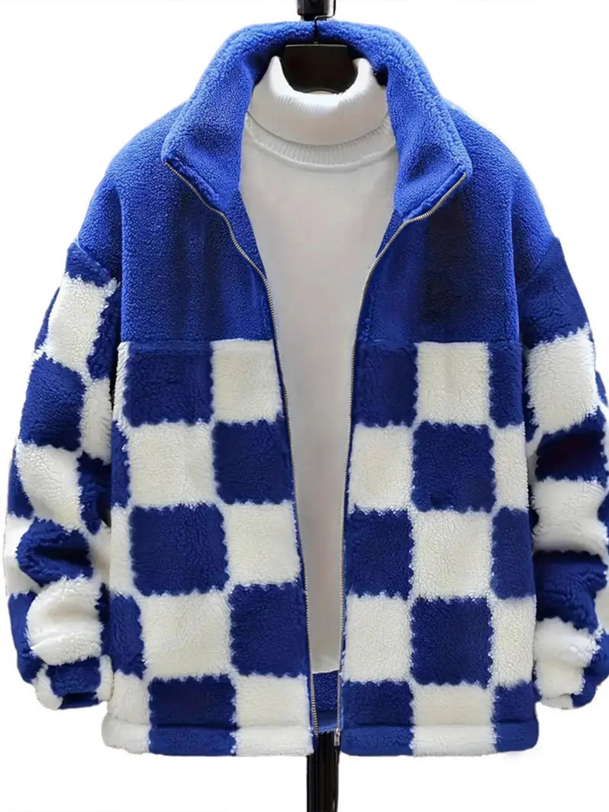 Checkered Fleece Oversized Zip Up Jacket in Blue back view