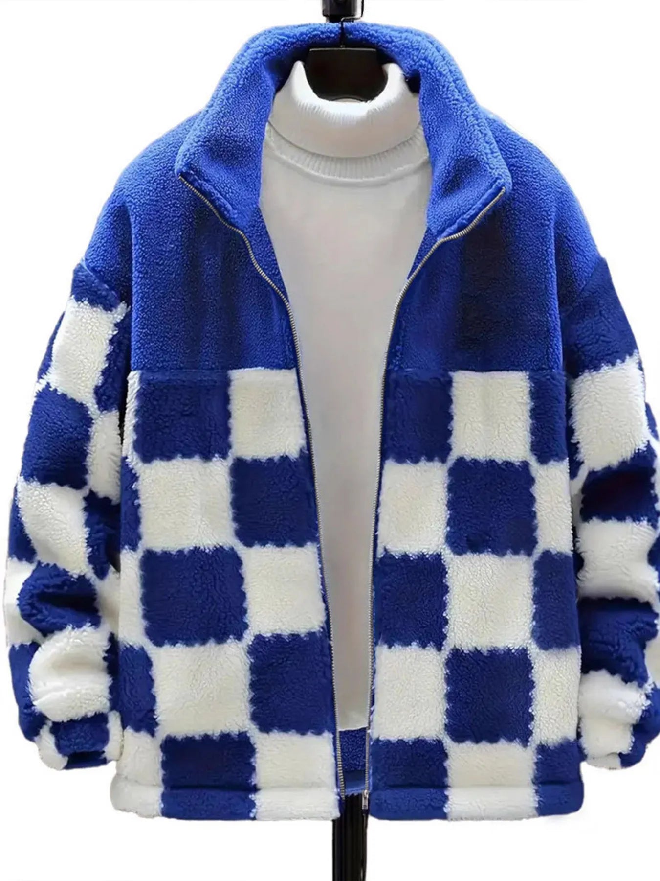 Checkered Fleece Oversized Zip Up Jacket - Fashorio