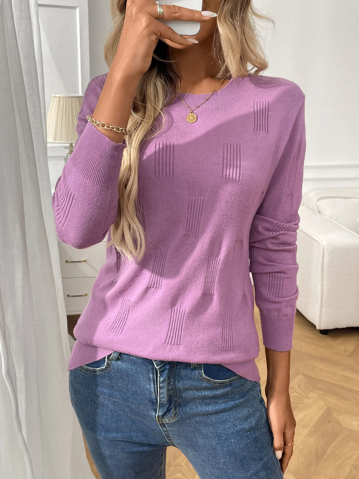 Round neck long sleeve ribbed knit top ribbed knit texture