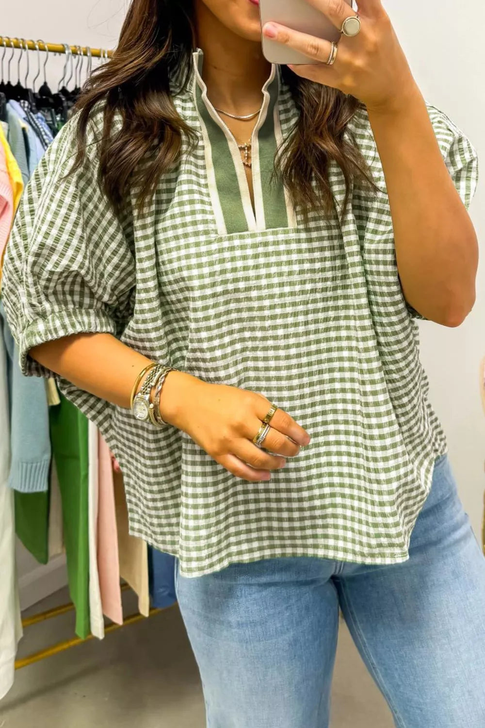 gingham half sleeve blouse back view