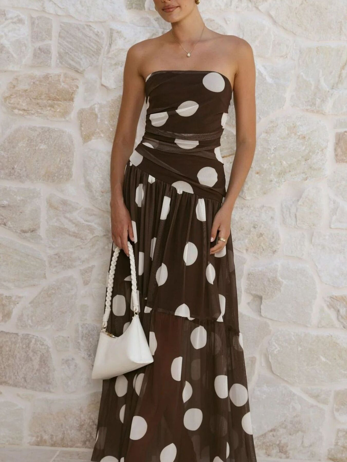 Polka dot strapless ruched maxi dress, full length styling