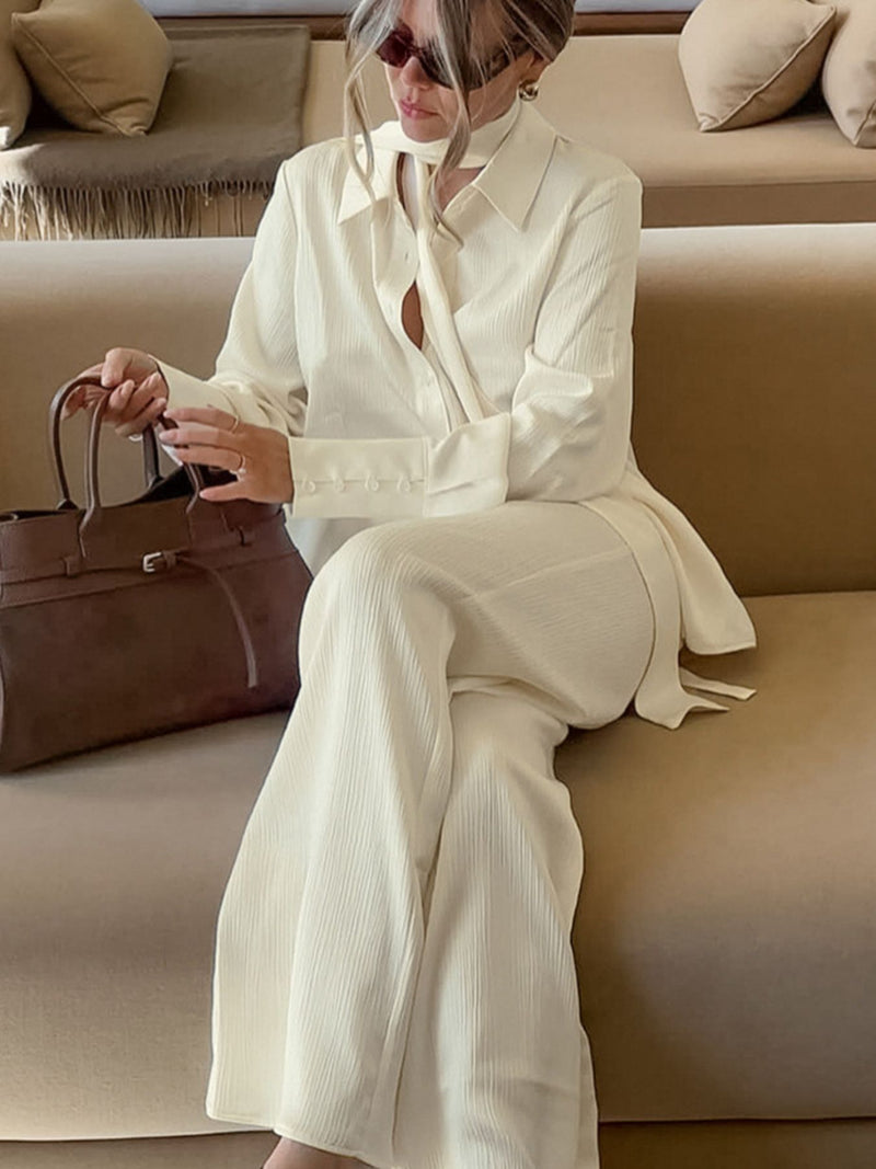 Cream texture shirt and wide leg pants set front view