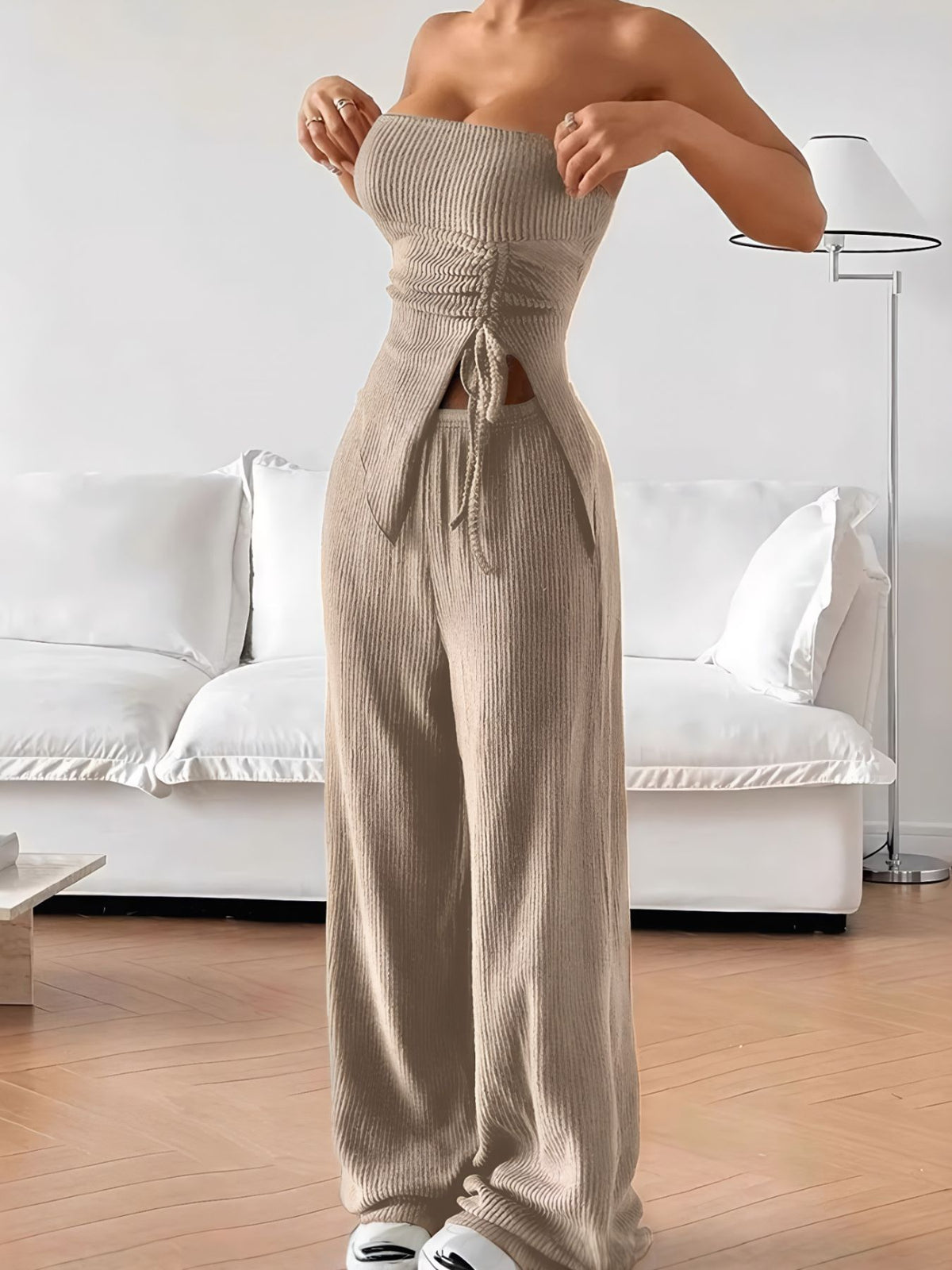 Khaki matching tube top and pants set side view