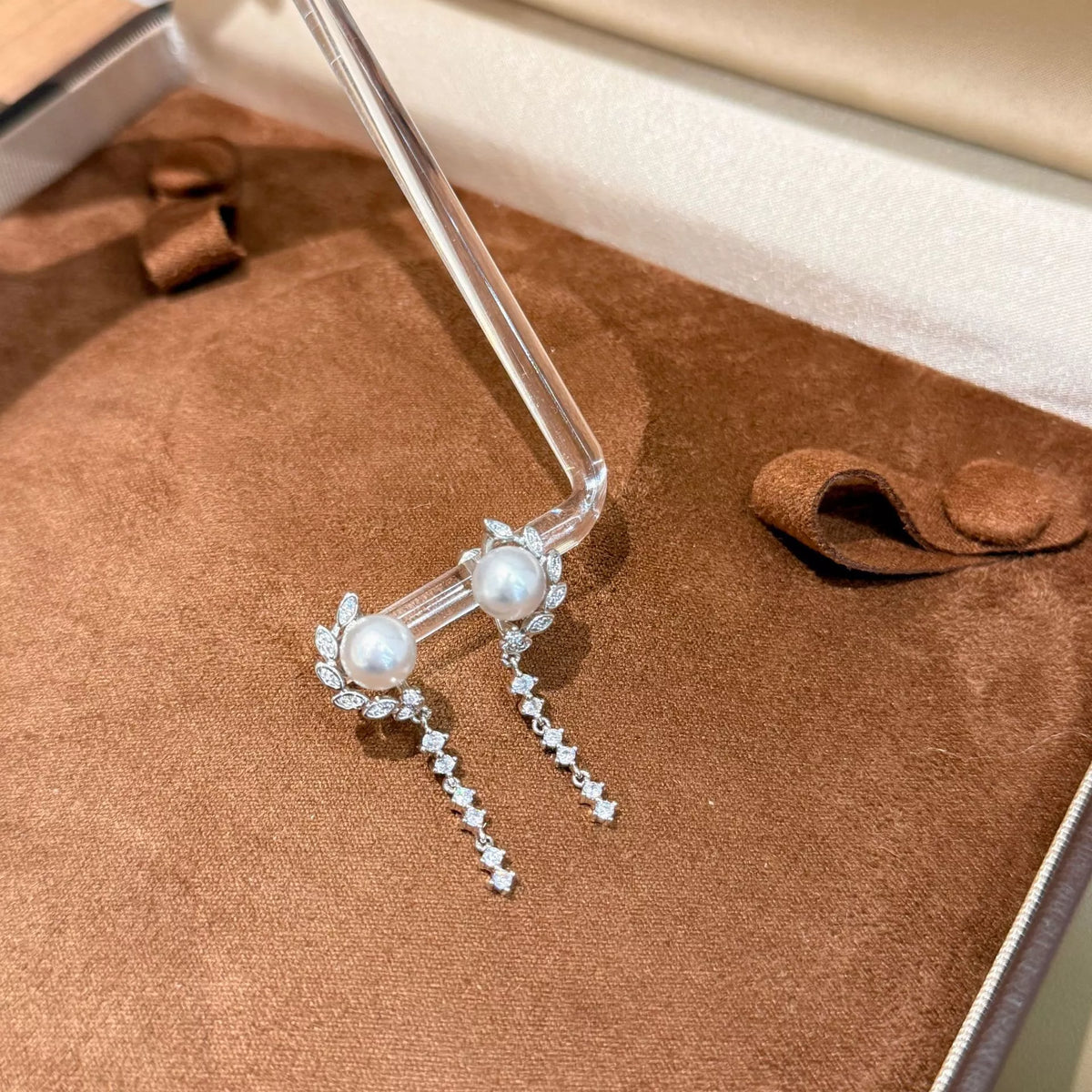 pearl and zircon silver drop earrings pair detail