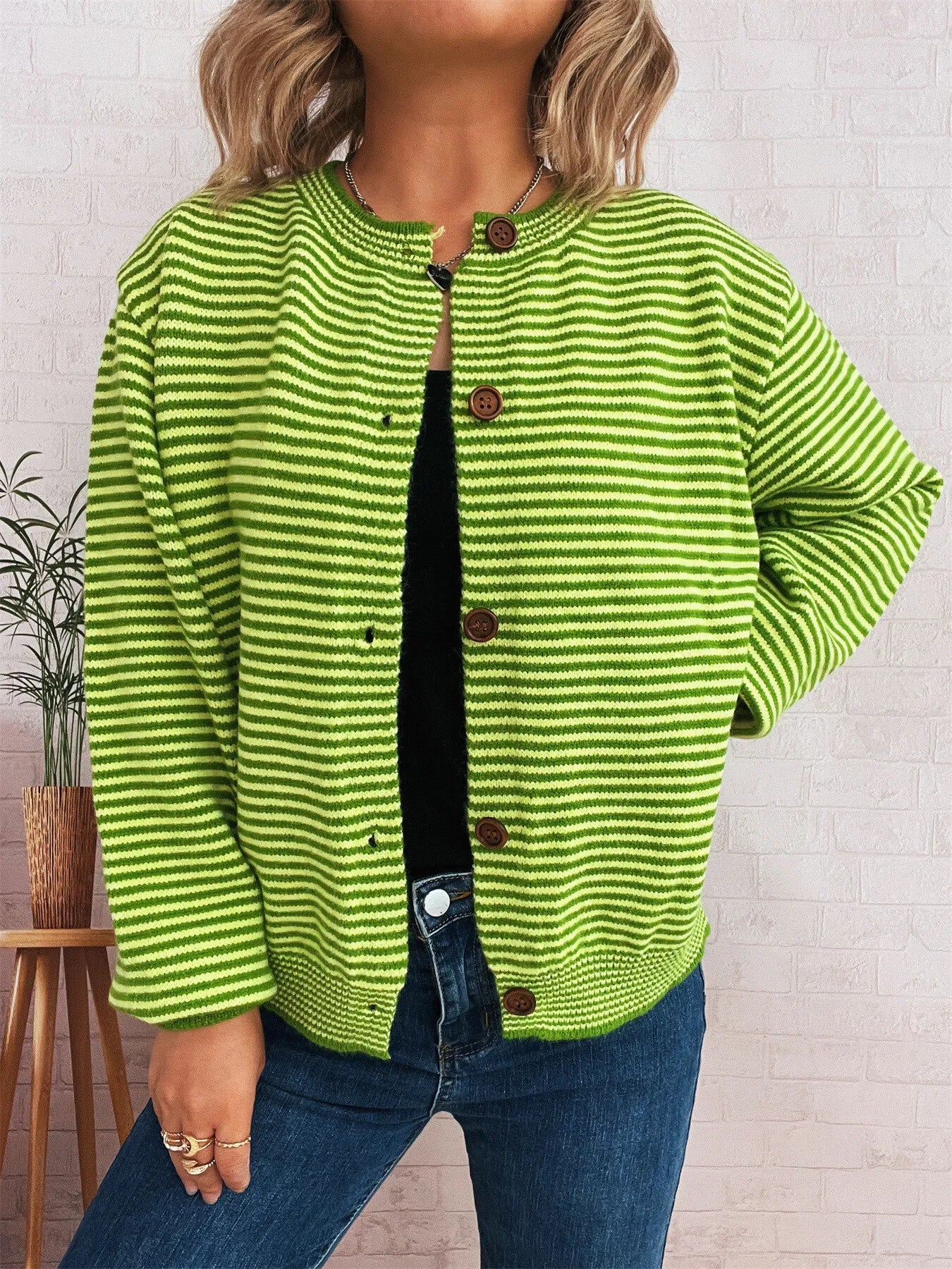 Striped Button Up Long Sleeve Cardigan Green One Size - Fashorio