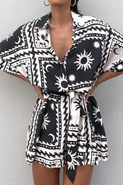 Printed Tie Waist Romper - Fashorio