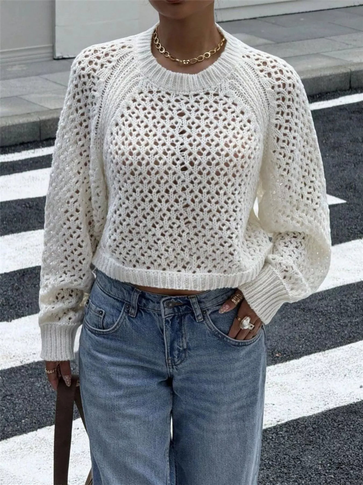 Crochet Openwork Backless Raglan Sleeve Sweater
