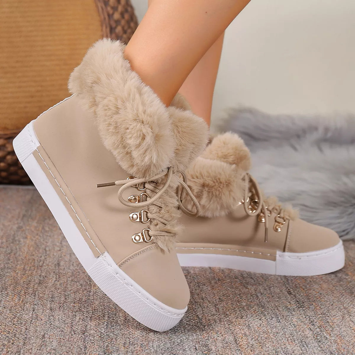 Fuzzy Trim Lace Up Ankle Boots in green