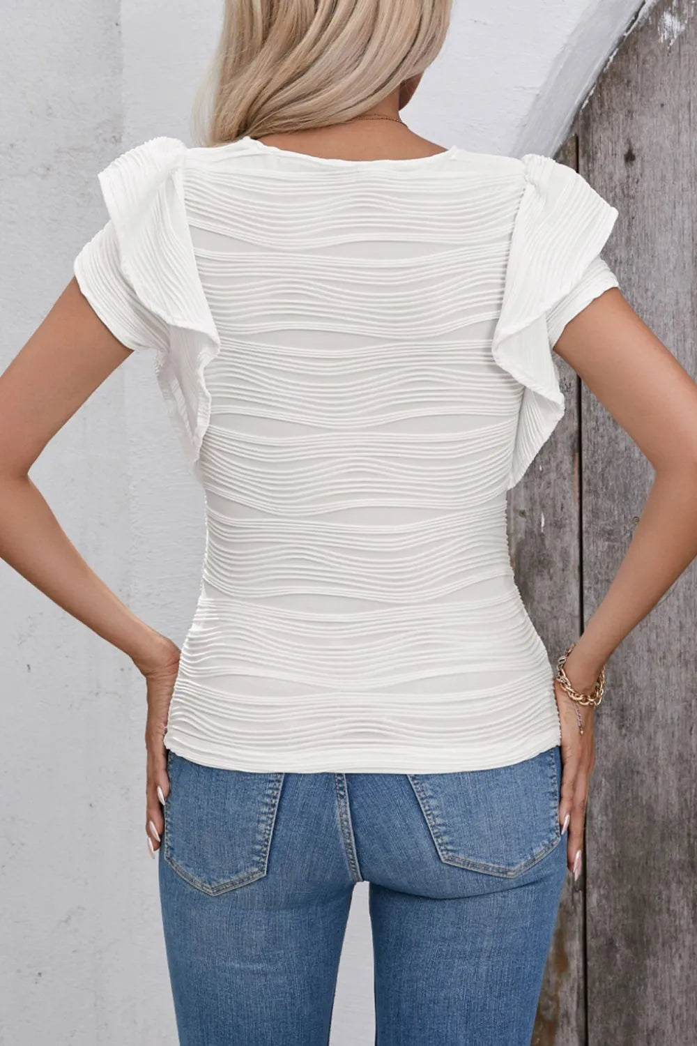 Ruffled Round Neck Textured Top - Fashorio