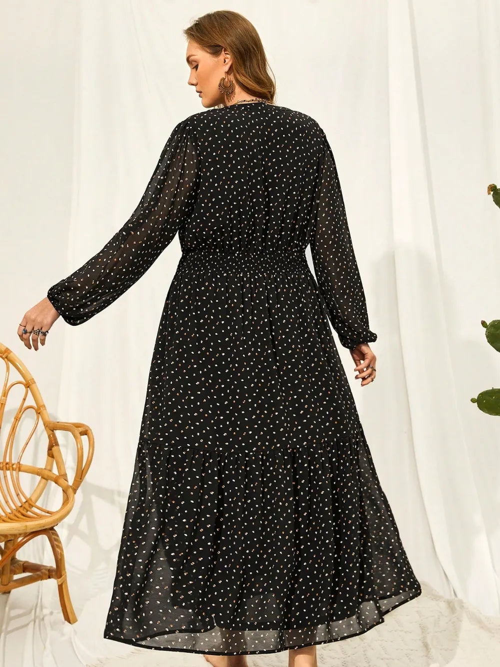 black embroidered balloon sleeve plus size maxi dress side view