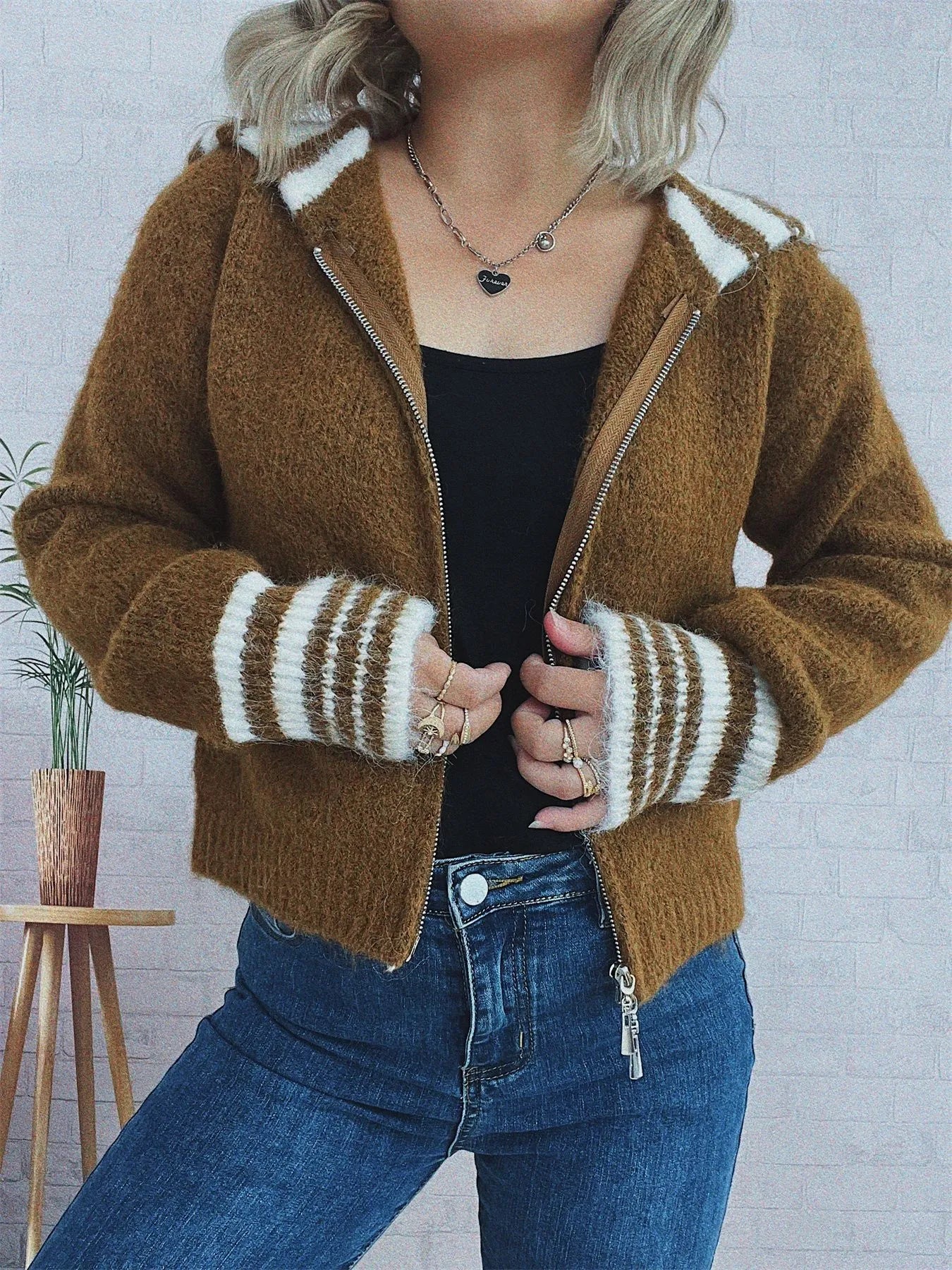 Striped Zip-Up Cardigan - Fashorio