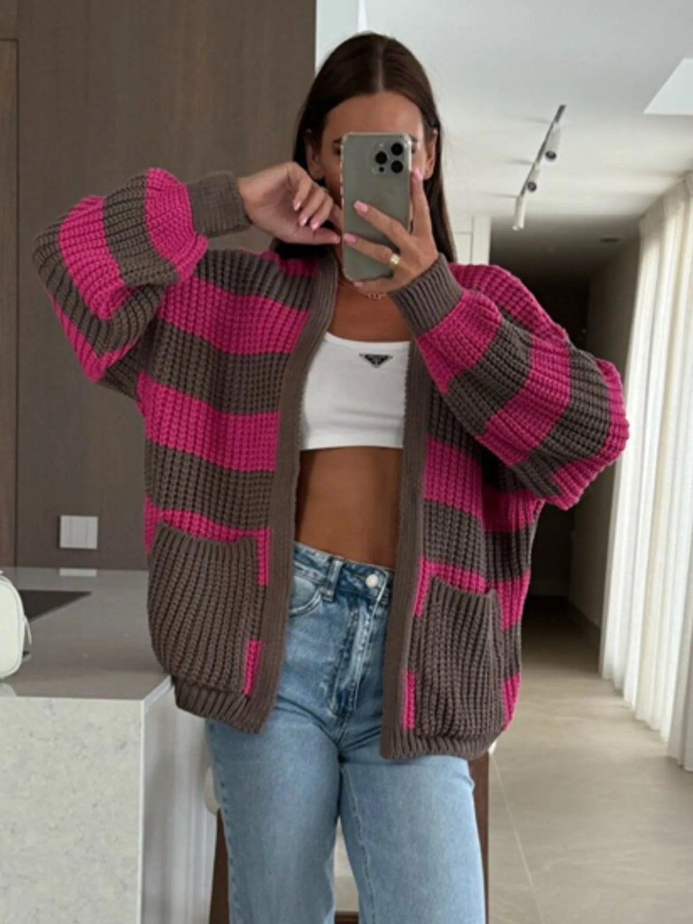 Striped Open Front Long Sleeve Cardigan - Fashorio