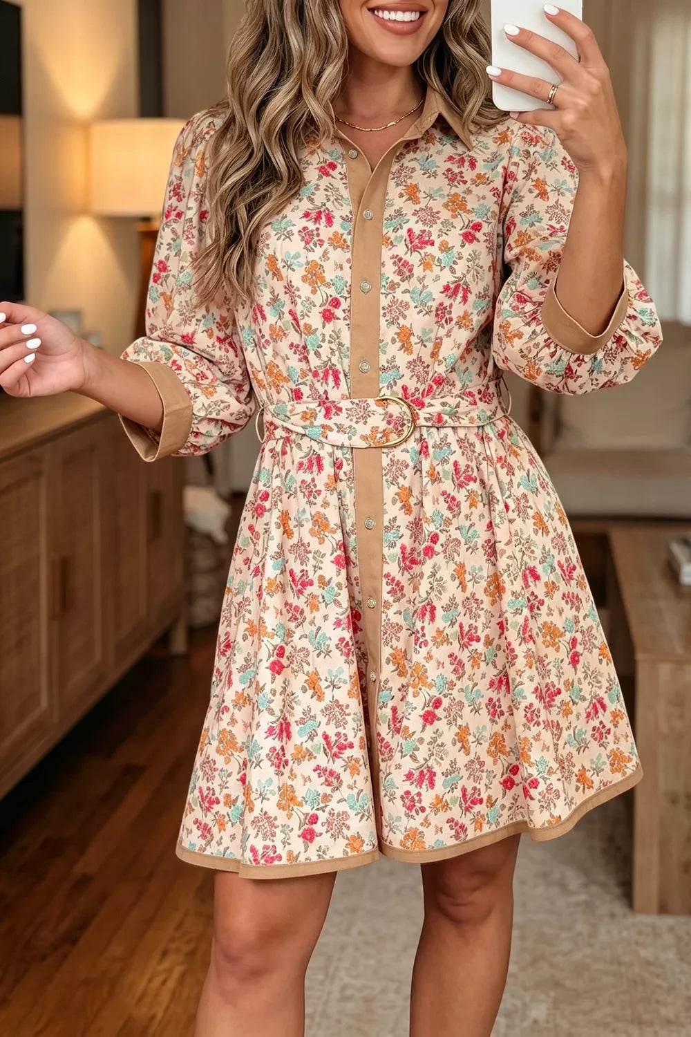 Floral print colorblock belted button down dress front view