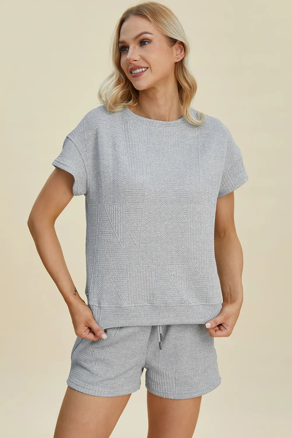 Textured Short Sleeve Top and Shorts Two Piece Set, view 17