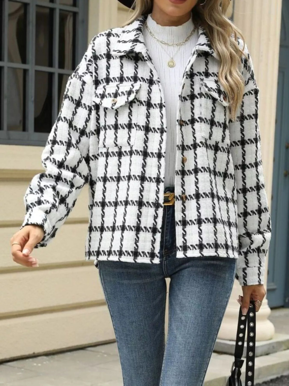 Plaid Button Up Jacket in White and Red on model