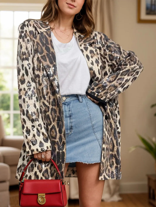 Leopard Lapel Collar Long Sleeve Longline Blazer Leopard - Fashorio