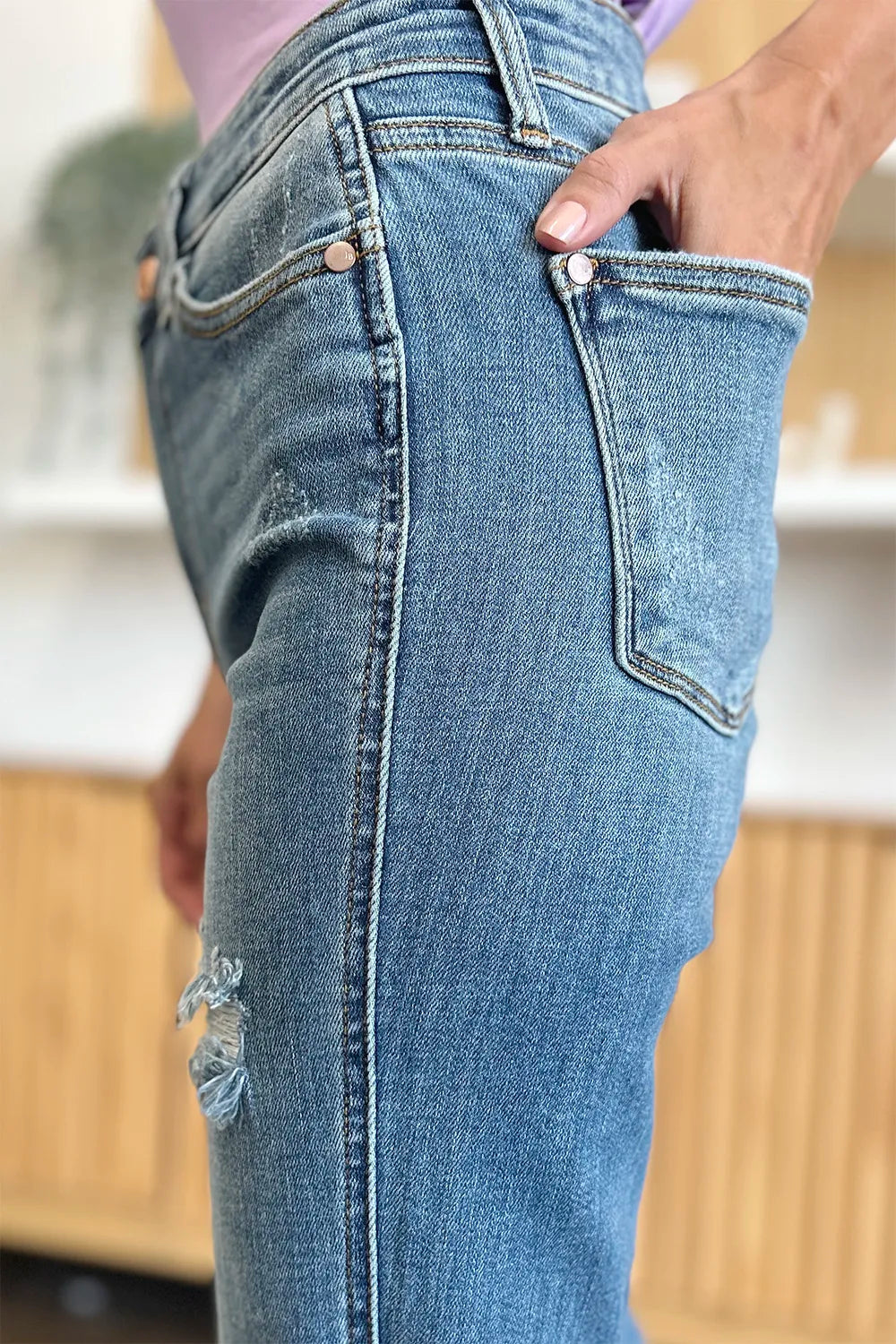 Judy Blue Distressed Raw Hem Bootcut Jeans – Full Size Denim - Fashorio