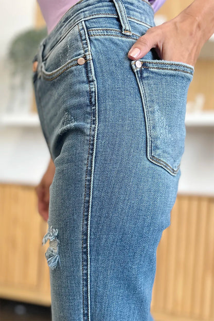 Judy Blue Distressed Raw Hem Bootcut Jeans – Full Size Denim - Fashorio