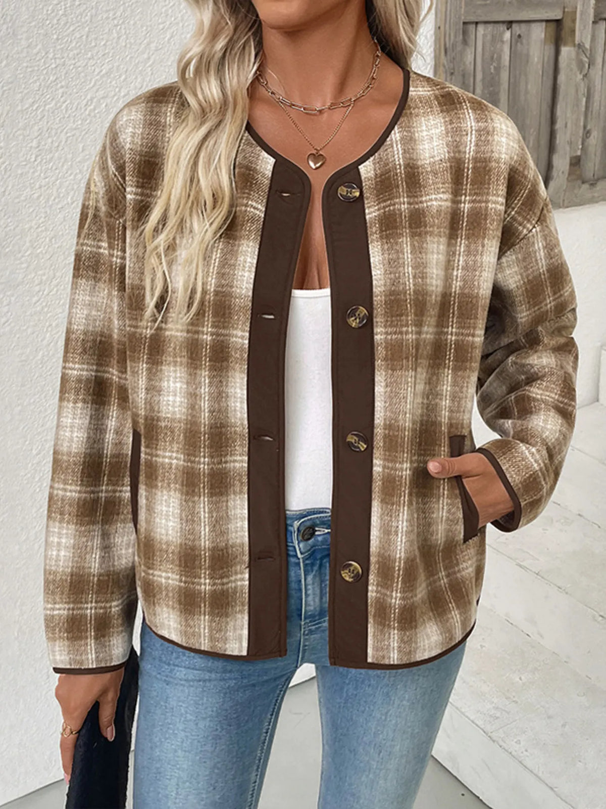 Plaid Button Up Shacket in Khaki back view