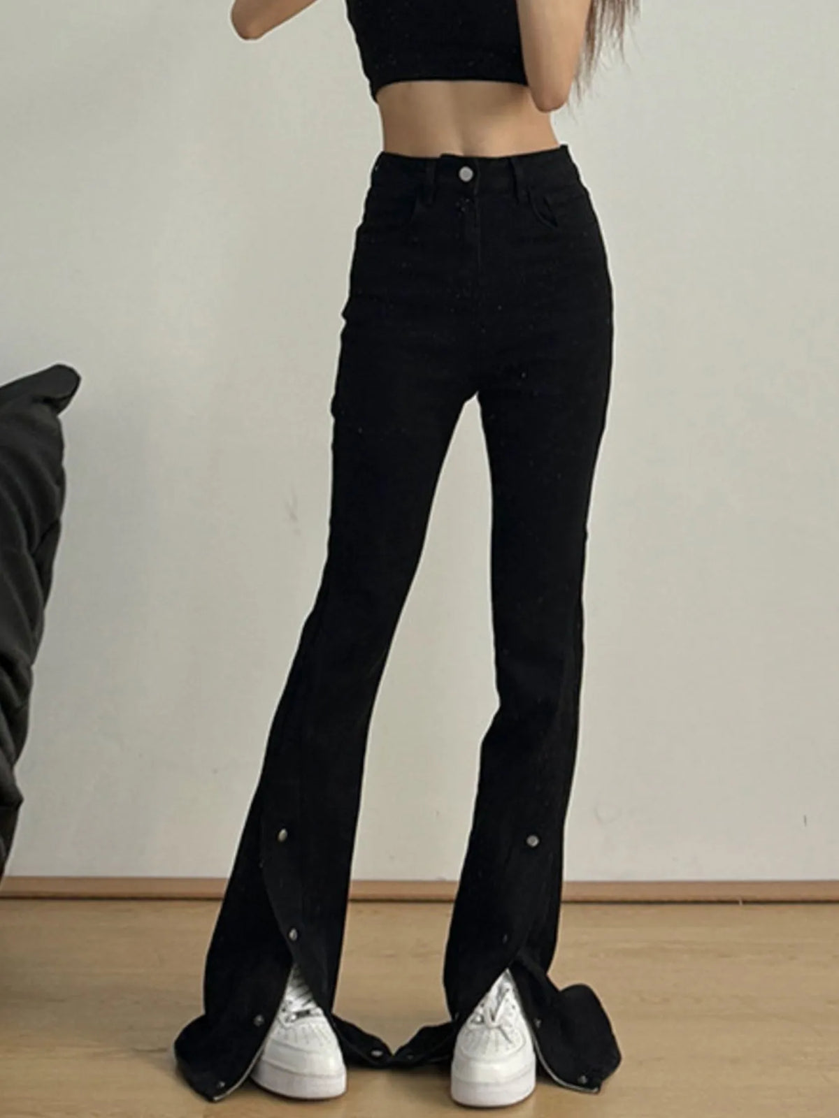 Black high waist flare jeans side view