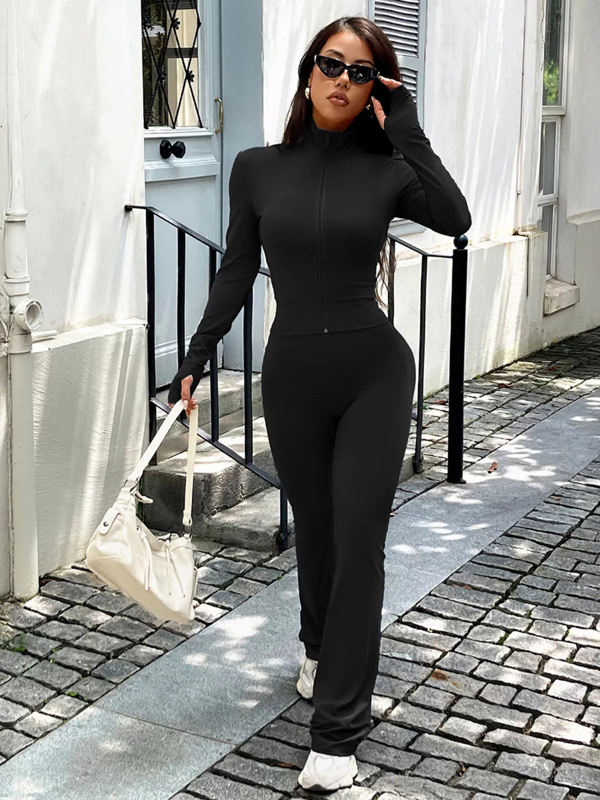 Zip Up Long Sleeve Outerwear and Pants Active Set back view