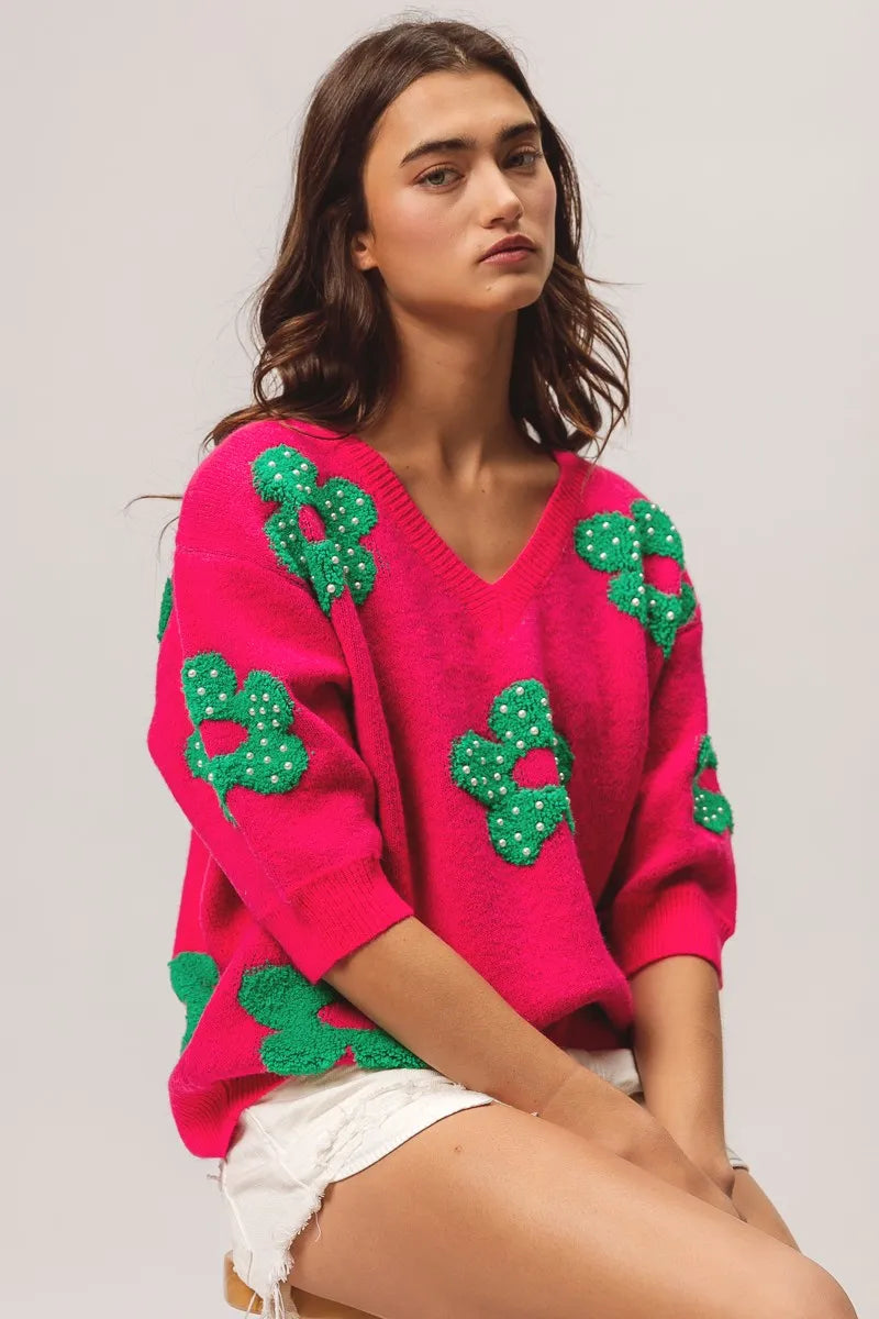 BiBi Pearl Beads Flowers Sweater Top FUCHSIA JADE - Fashorio