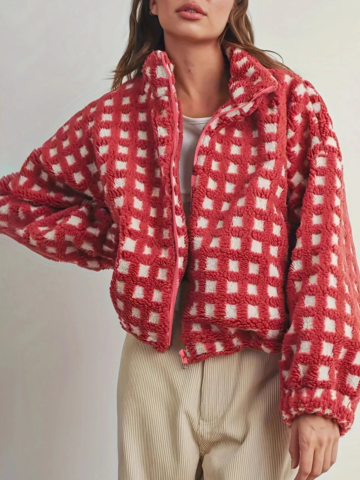 Checkered Fleece Puff Sleeve Bomber Jacket in Red side view