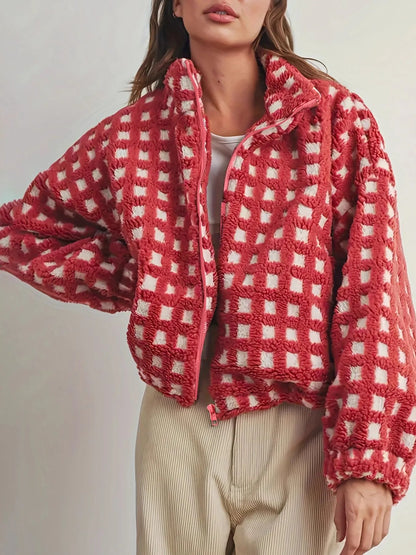 Women’s Fleece Checkered Puff Sleeve Bomber Jacket - Fashorio