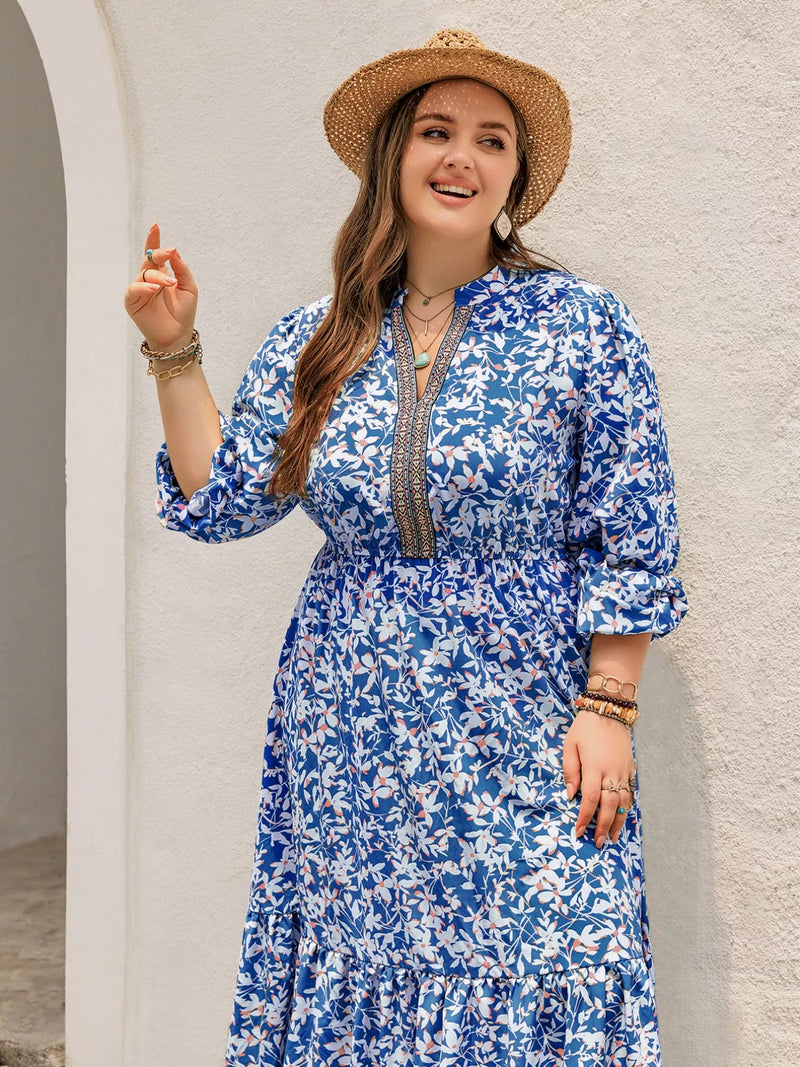 blue floral bohemian plus size ruched maxi dress front view