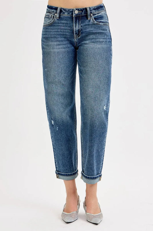 RISEN Full Size Low Rise Crop Boyfriend Jeans Plus Size DARK - Fashorio