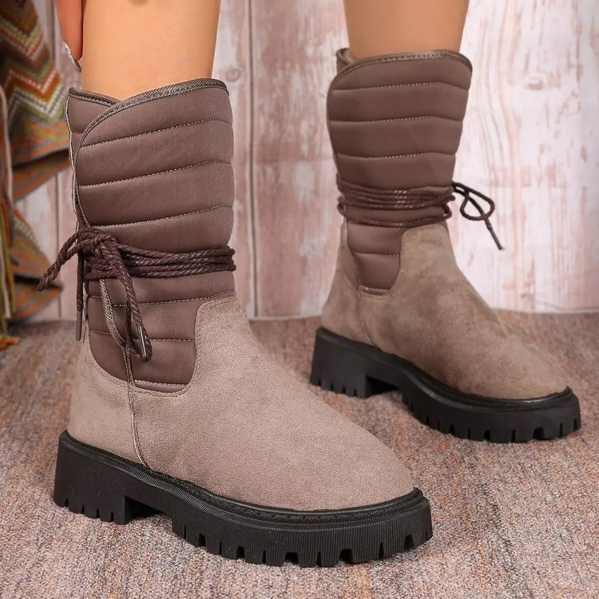 Quilted lace up mid calf boots toe detail