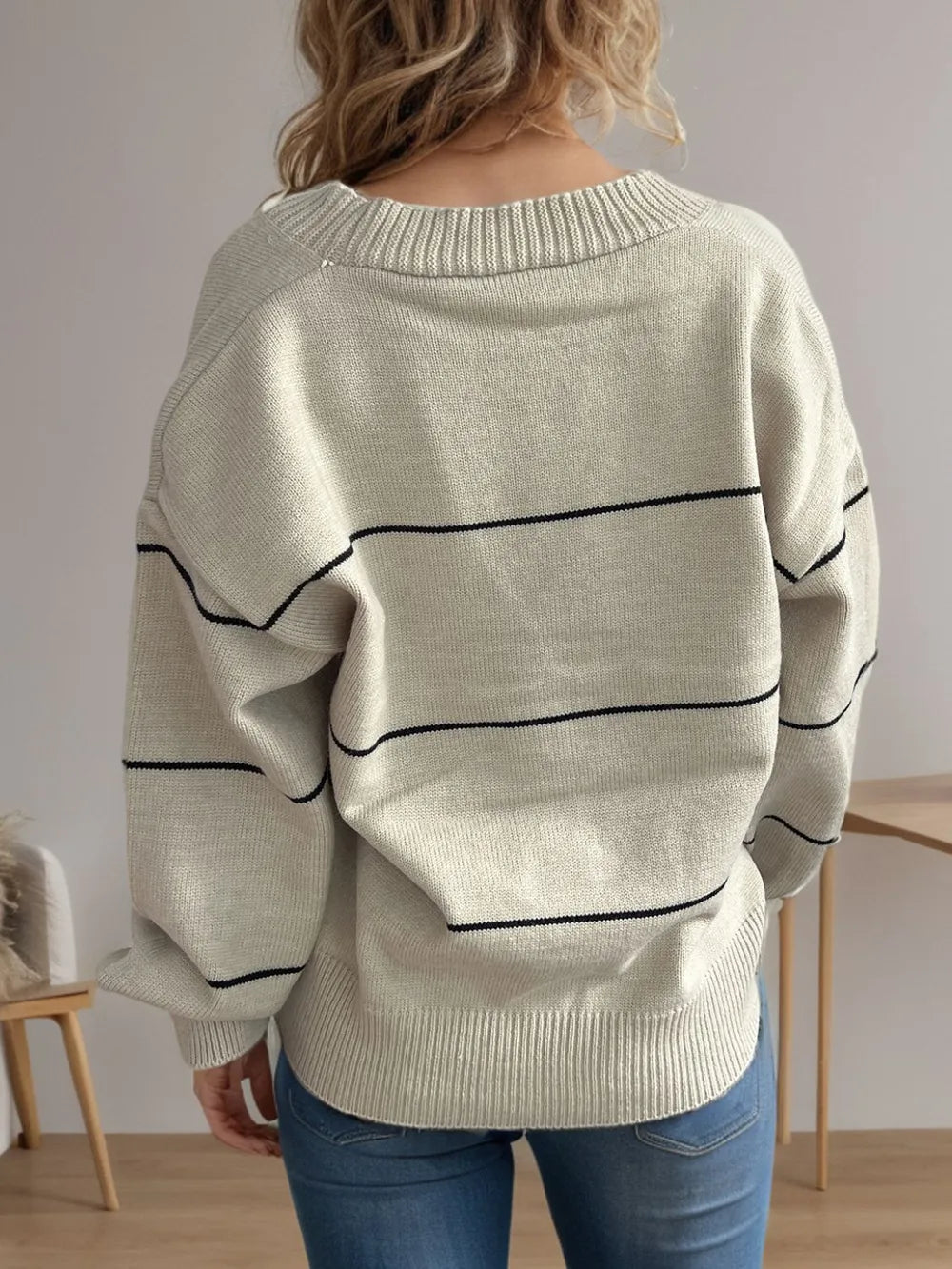 Striped Button Down V-Neck Long Sleeve Cardigan - Fashorio