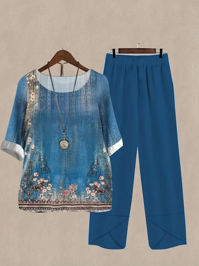Printed half sleeve top and pants set front