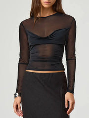 Ruched Mesh Long Sleeve Top Black - Fashorio