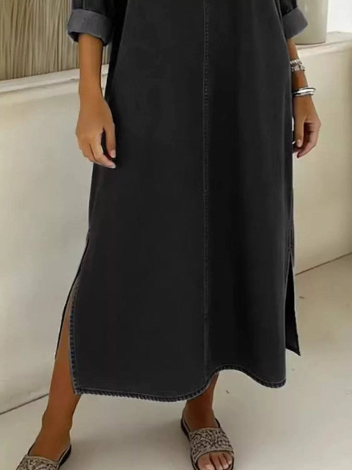 Side slit V neck long sleeve midi dress side view
