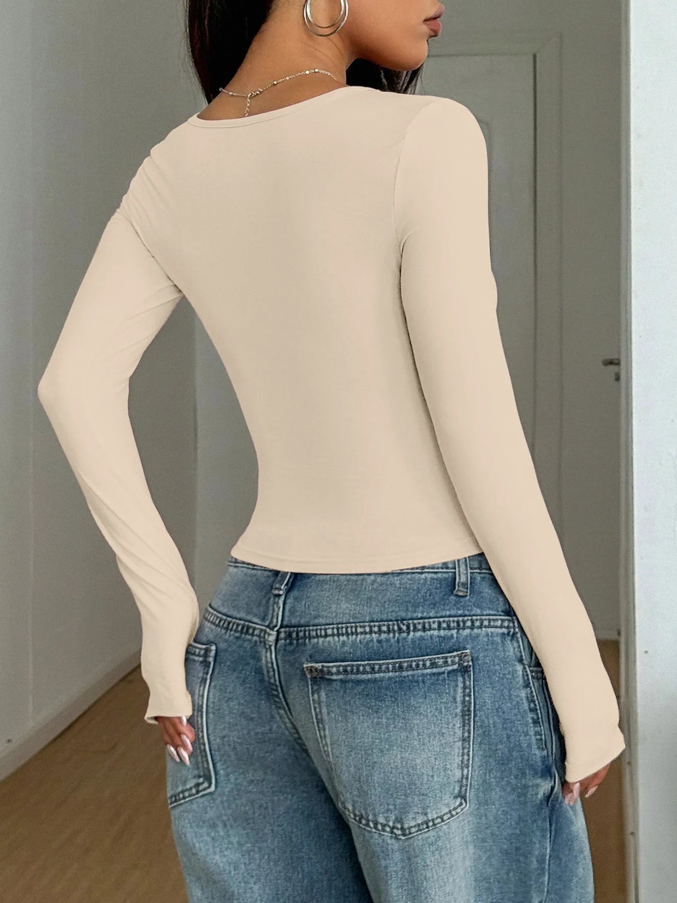 Square Neck Long Sleeve Fitted T-Shirt - Fashorio