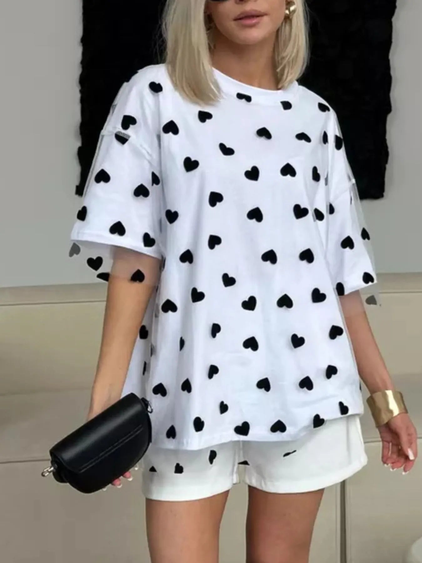 Heart Print Oversized T-Shirt - Fashorio