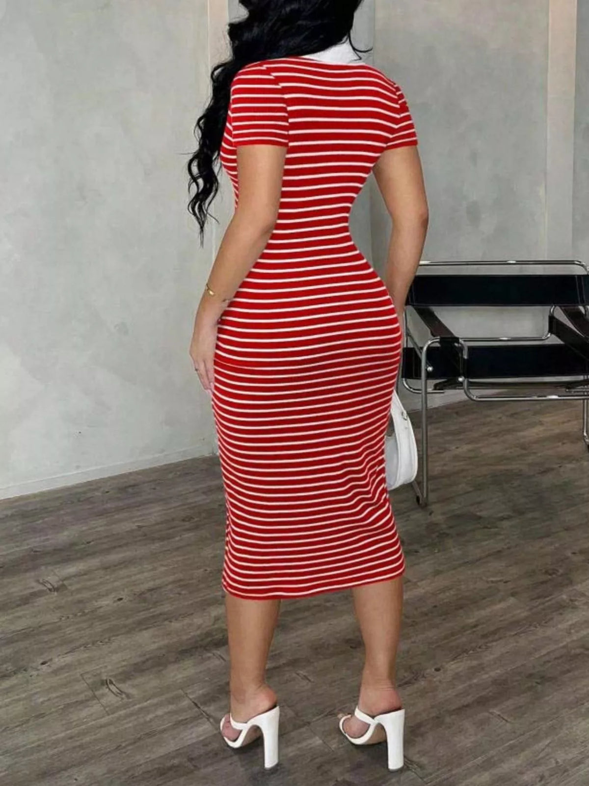 Striped polo collar midi dress front view