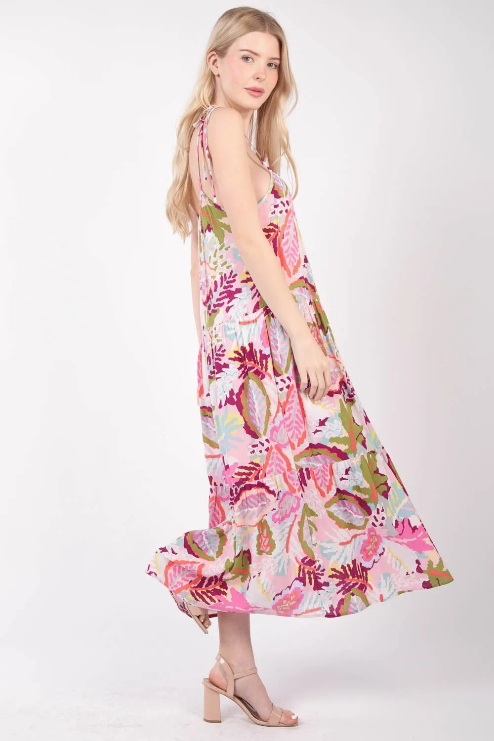 Tropical Print Cami Midi Dress in Pink side view