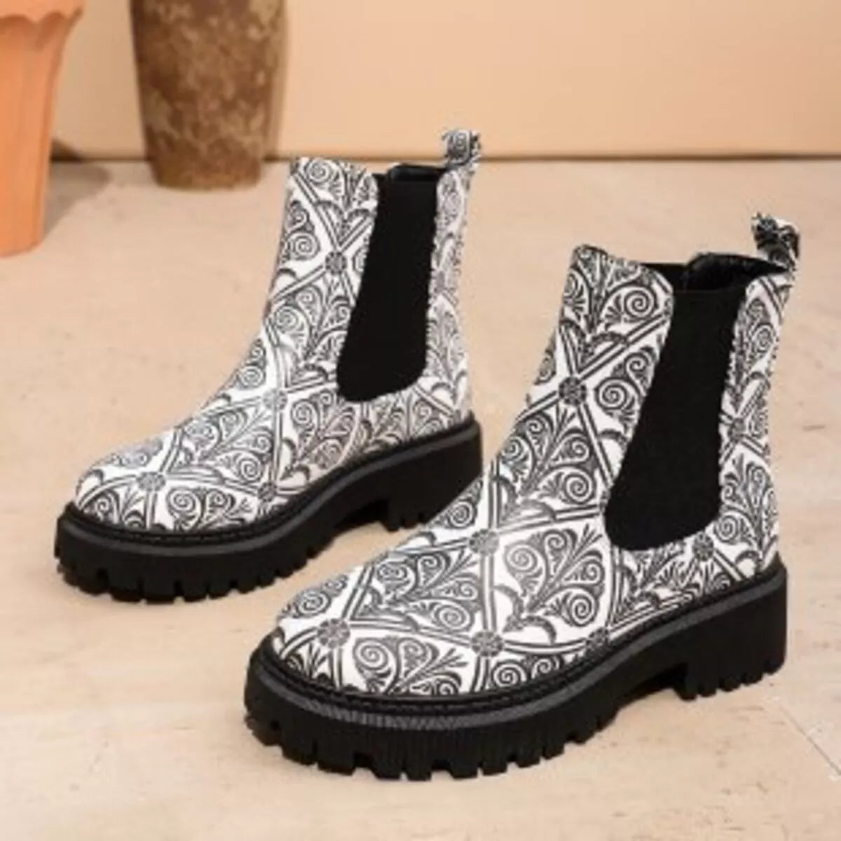 Round toe chunky heel ankle boots full length look